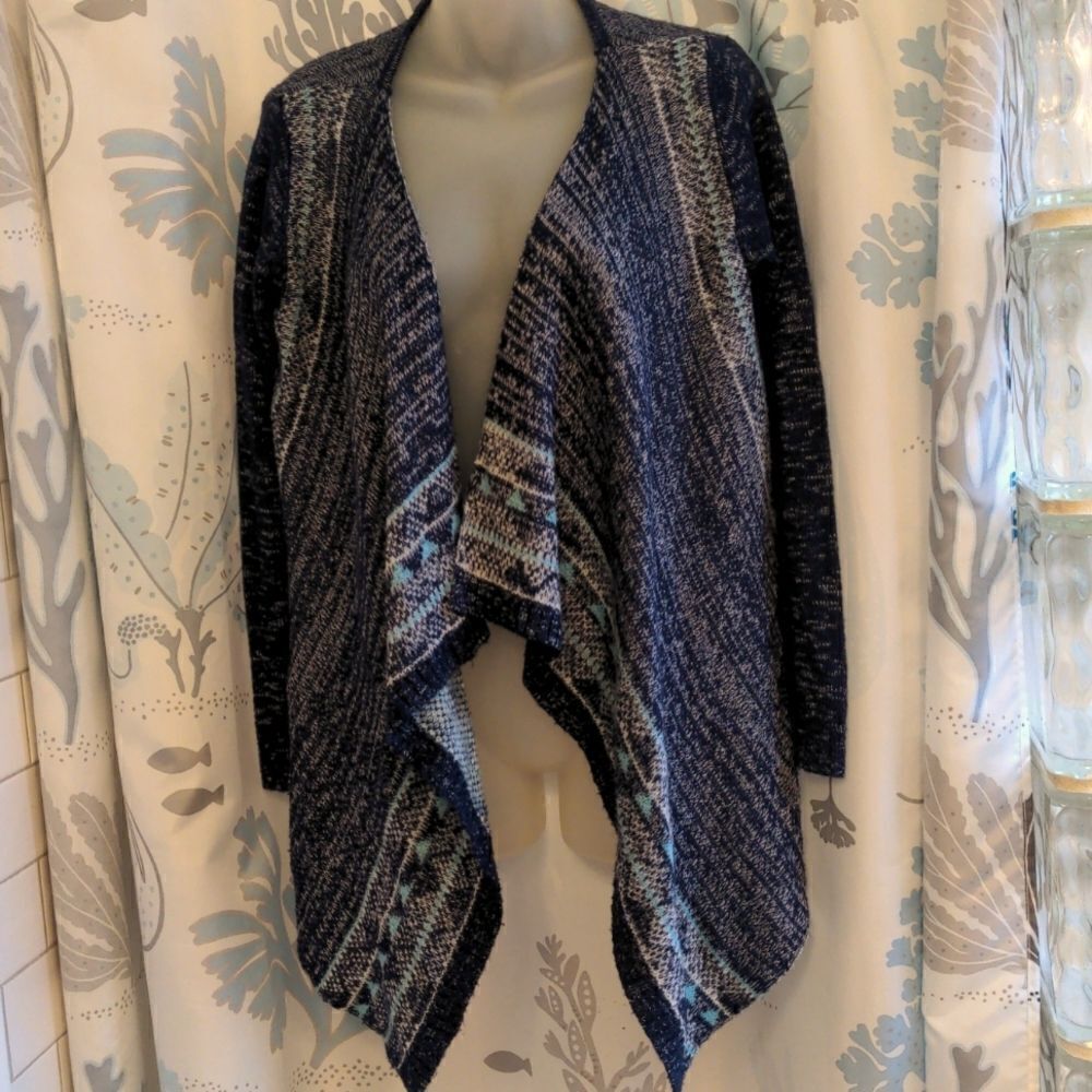 2 for $20 Love on a Hanger Blue Aztec Print Shawl Scarf Hem Sweater Sz S - Picture 1 of 11